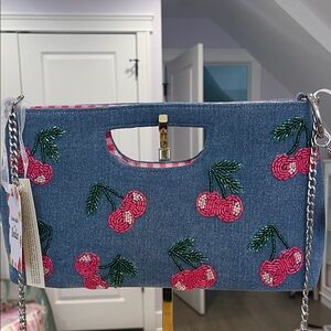 Denim Cherry Embroidered Crossbody Clutch - Pink Cherry NWT